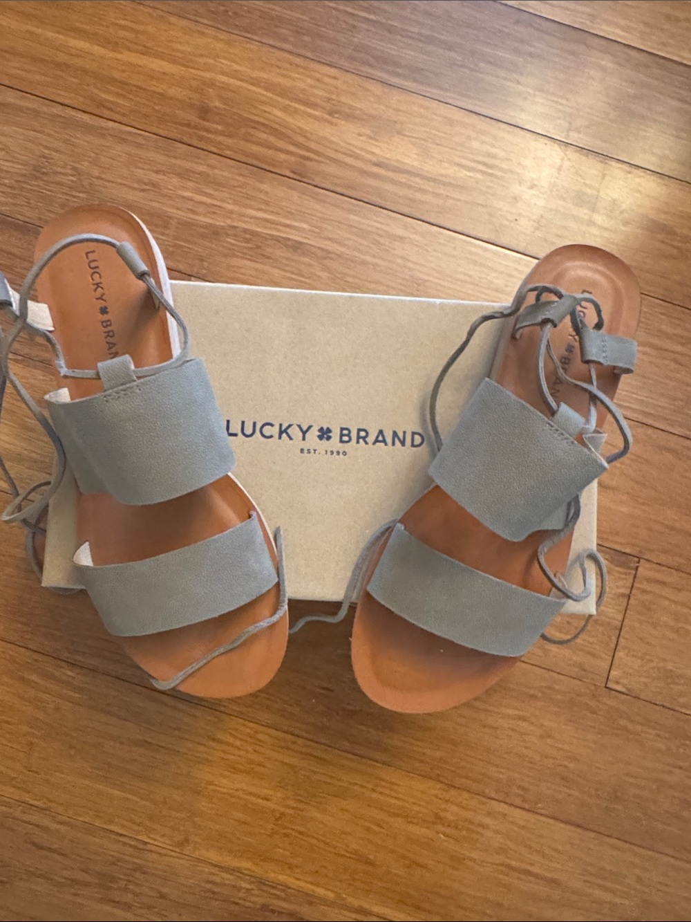 Lucky Brand Light Gray Suede Lace-Up Double Strap Sandals
